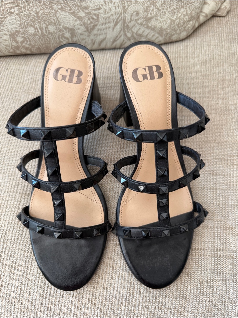 Gianni Bini Black Studded Triple-Strap Heeled Sandals